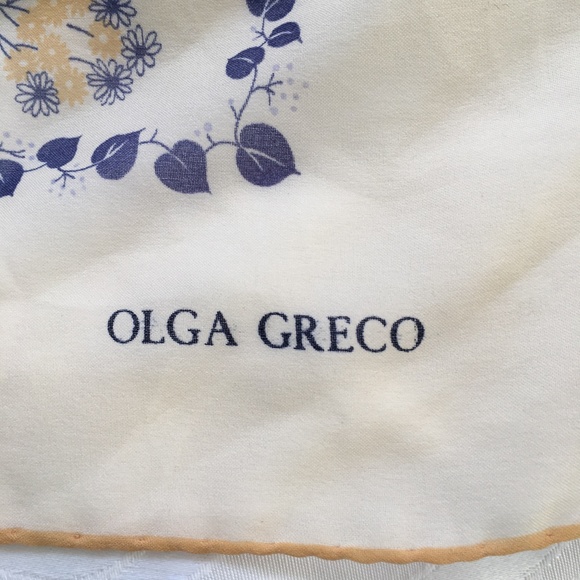 Olga Greco Square Scarf Beige Blue Floral Hand Rol - Picture 4 of 7